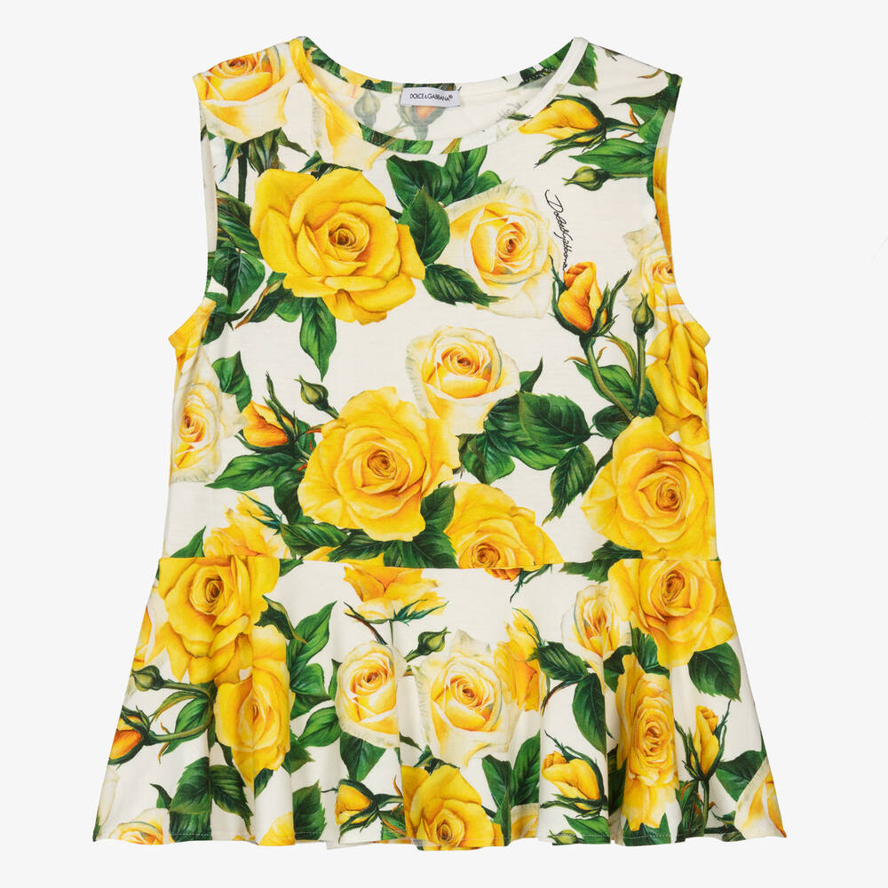 Dolce & Gabbana - Teen Girls Yellow Rose Print Viscose Top | Childrensalon