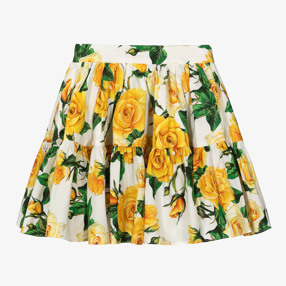 Shop Dolce & Gabbana Teen Girls Yellow Roses Cotton Skirt