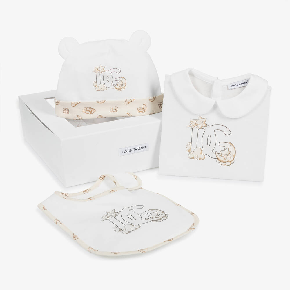 Dolce & Gabbana - White & Beige Cotton DG Babysuit Set | Childrensalon