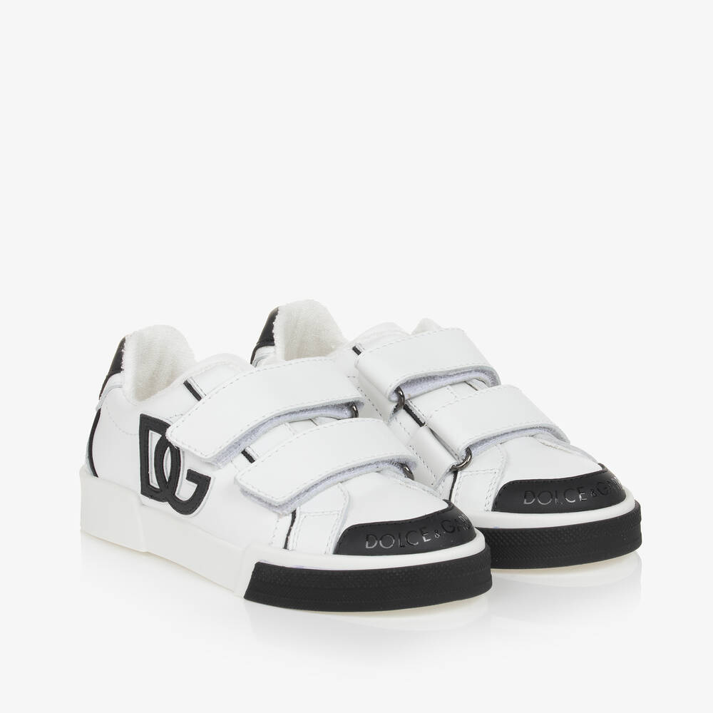 Dolce & Gabbana - White & Black DG Leather Portofino Trainers | Childrensalon