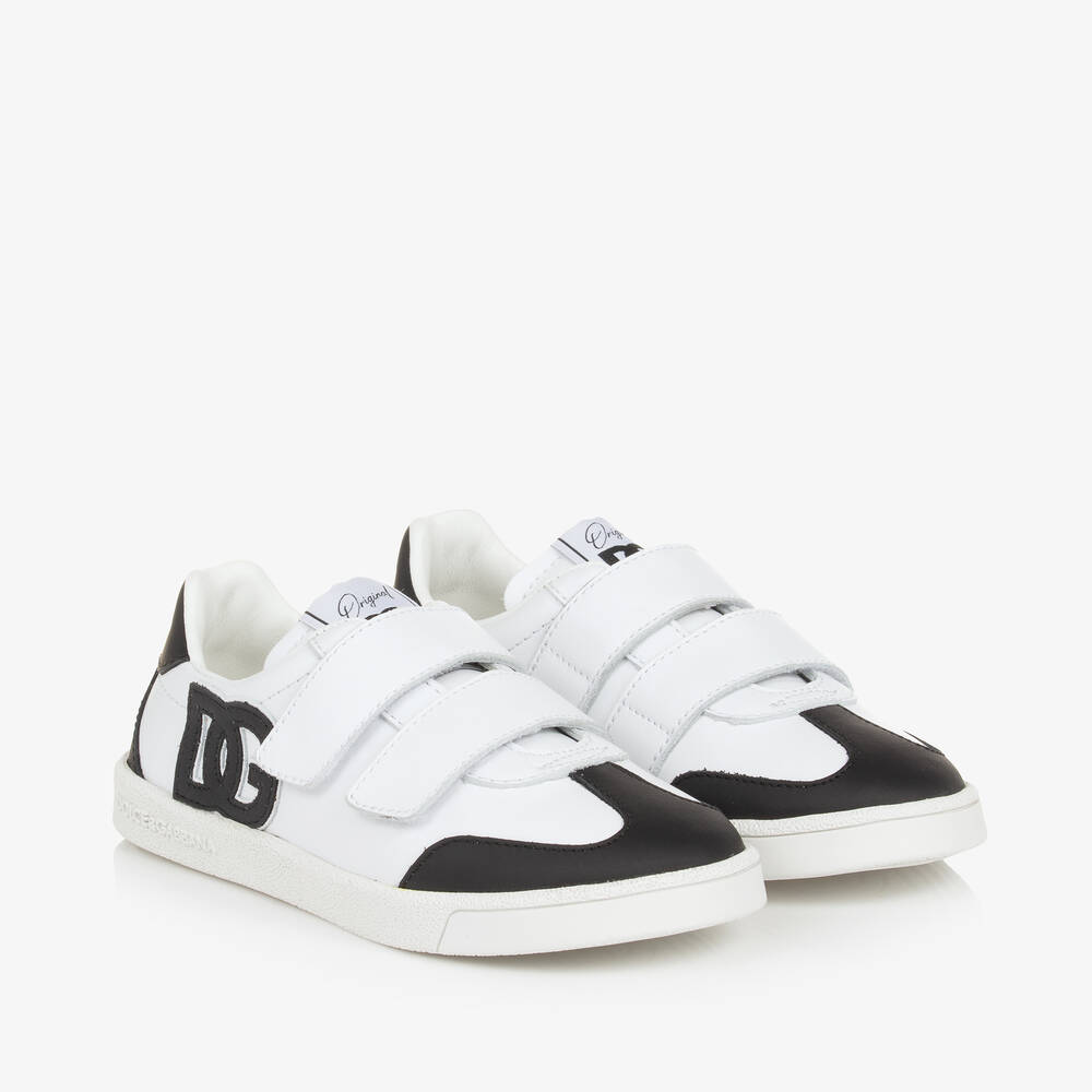 Dolce & Gabbana - White & Black Leather DG Velcro Trainers | Childrensalon