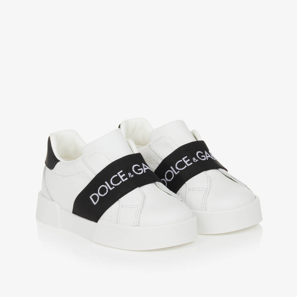 Dolce & Gabbana - White & Black Leather Slip-On Trainers | Childrensalon