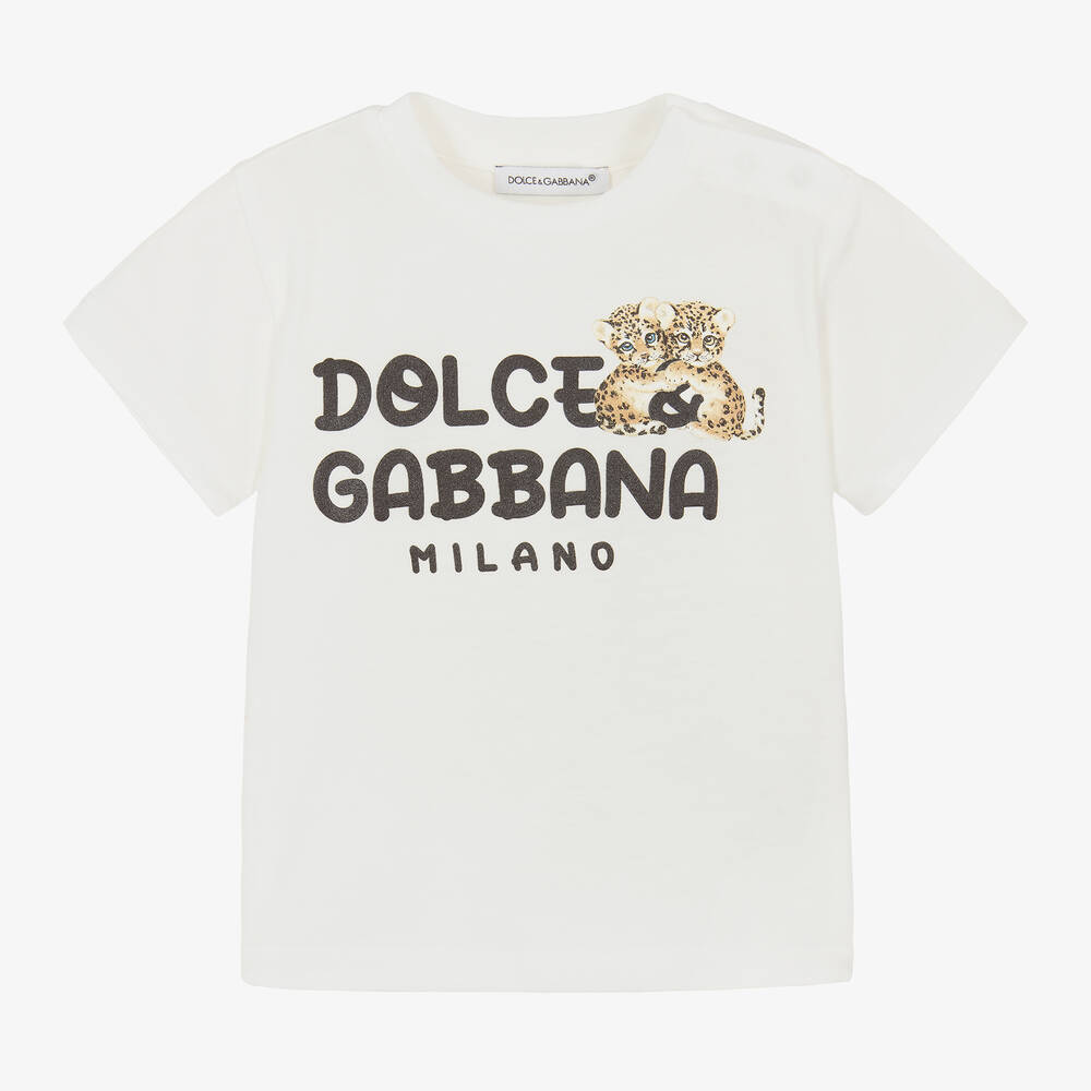 Dolce & Gabbana - T-shirt blanc en coton bébés léopards  | Childrensalon