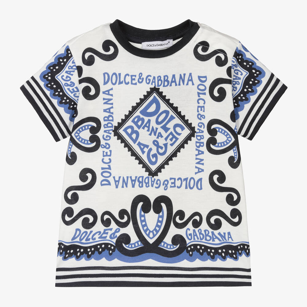 Dolce & Gabbana - تيشيرت قطن لون أبيض وأزرق للأطفال | Childrensalon