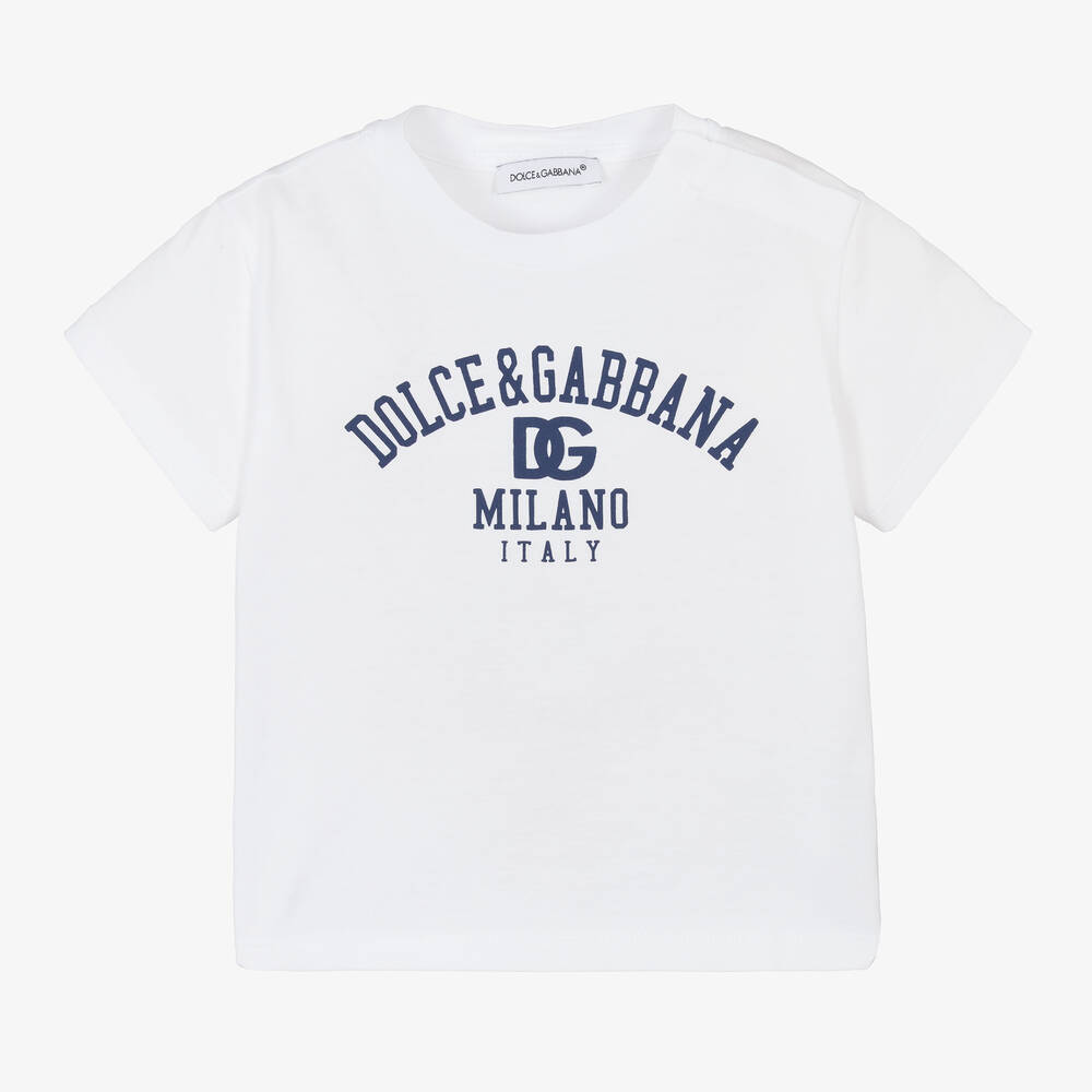 Dolce & Gabbana - White Cotton Milano Logo Baby T-Shirt | Childrensalon