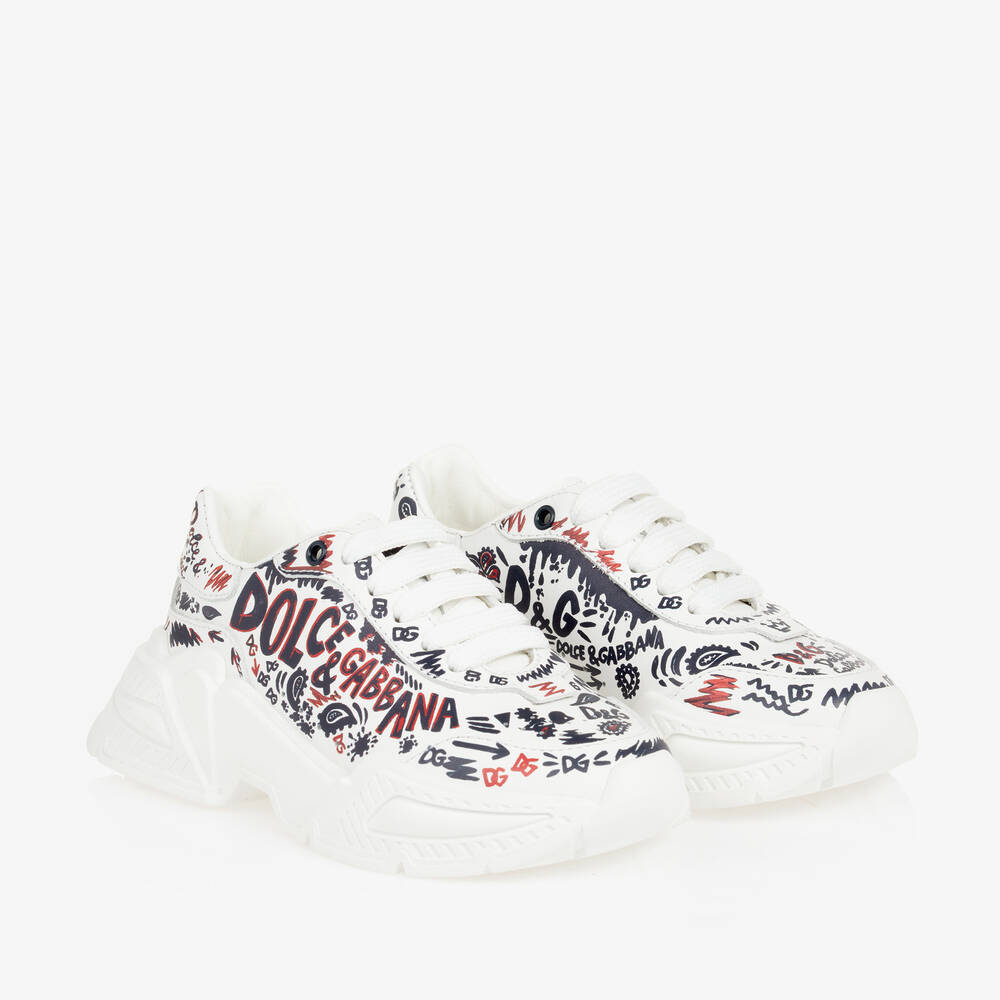 Dolce & Gabbana - White Doodle Lace-Up Trainers | Childrensalon