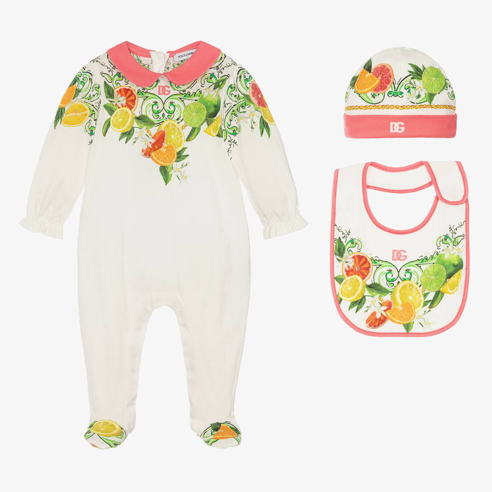 Dolce & Gabbana - White Fruit Print Cotton Babysuit Set | Childrensalon