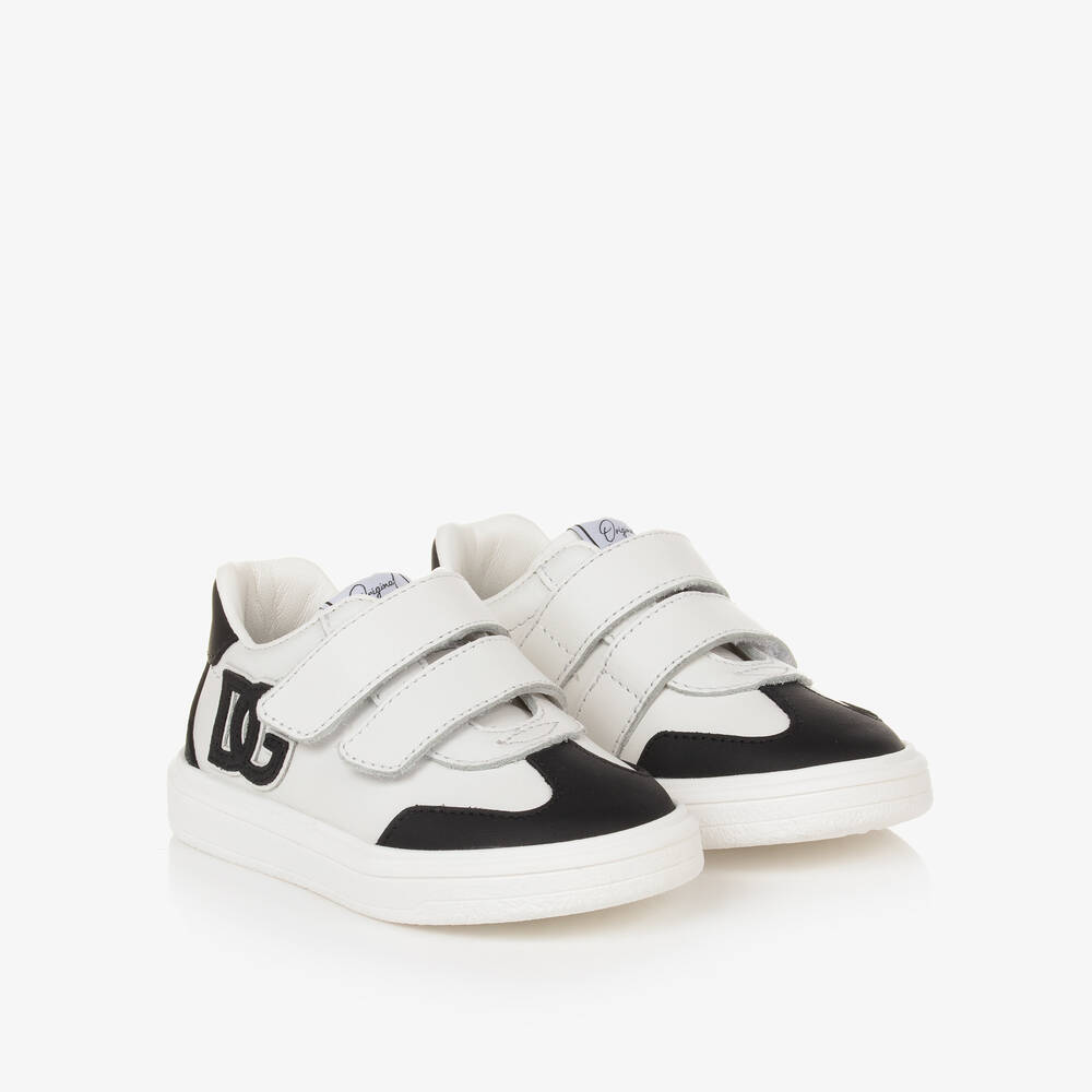 Dolce & Gabbana - White Leather DG Velcro Baby Trainers | Childrensalon