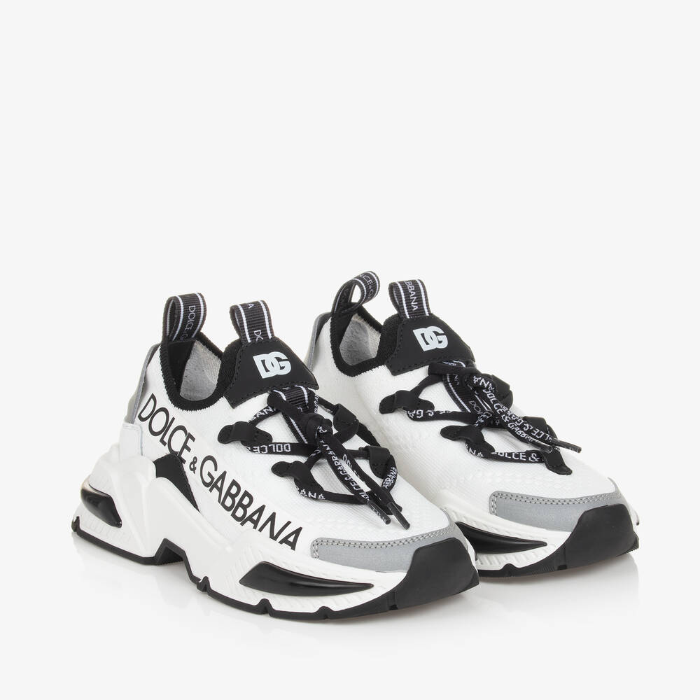 Dolce & Gabbana - حذاء رياضي بأربطة جلد لون أبيض وأسود | Childrensalon