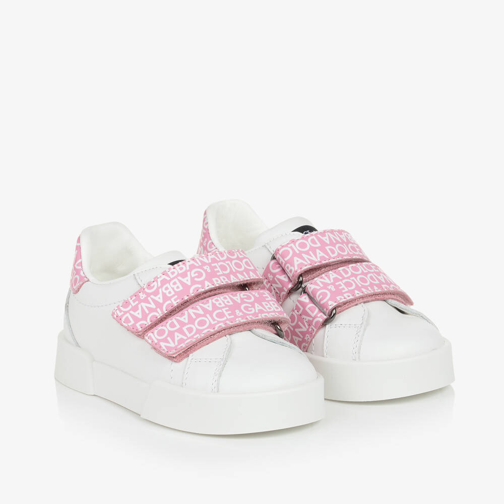 Dolce & Gabbana - White & Pink Leather Baby Trainers | Childrensalon
