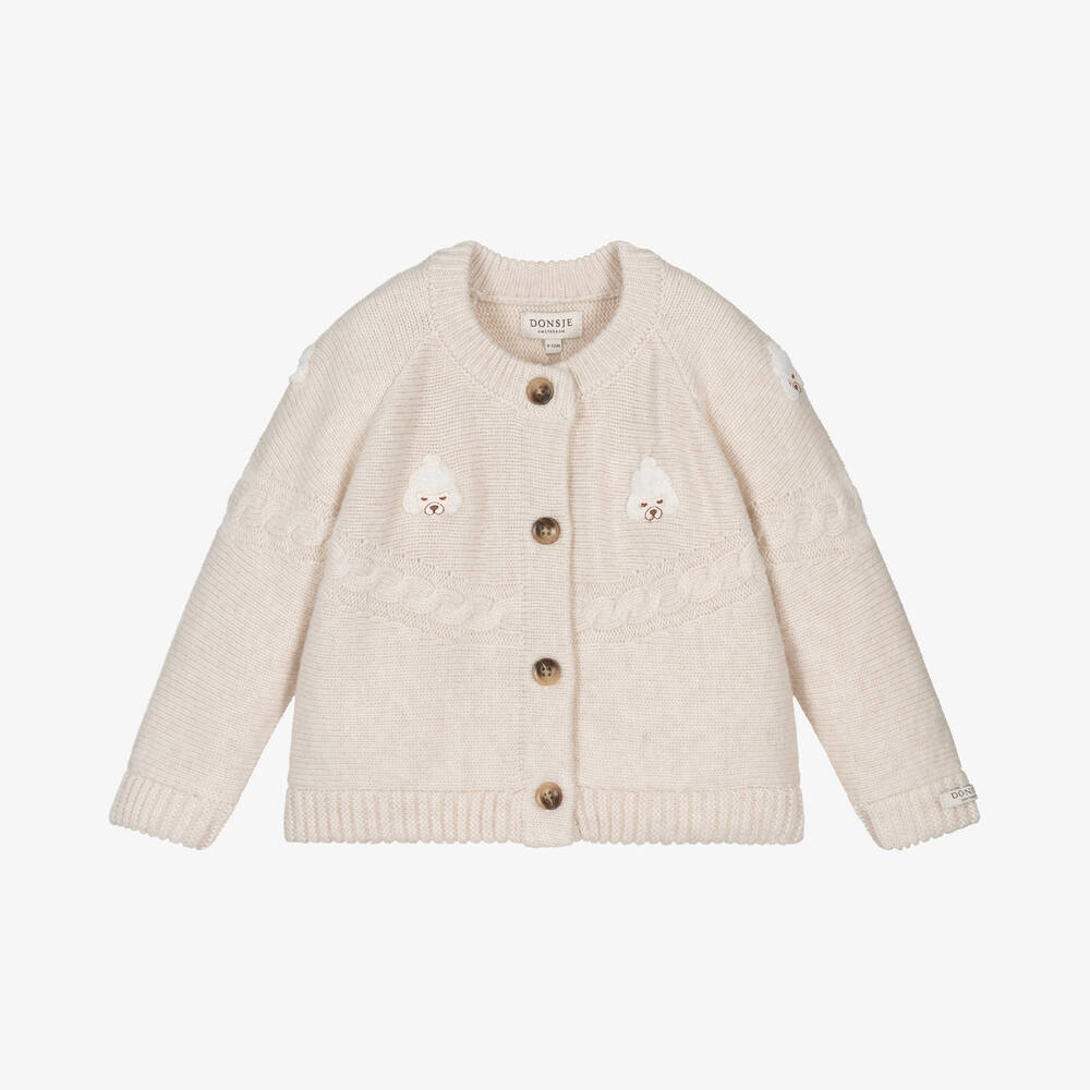 Donsje - Baby Girls Beige Poodle Knitted Cardigan | Childrensalon