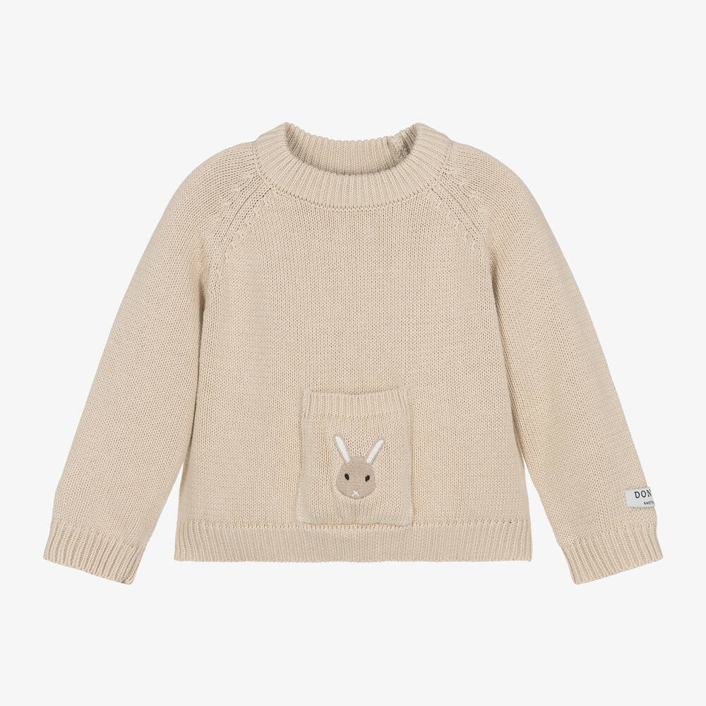 Donsje - Beige Knitted Cotton Bunny Sweater | Childrensalon