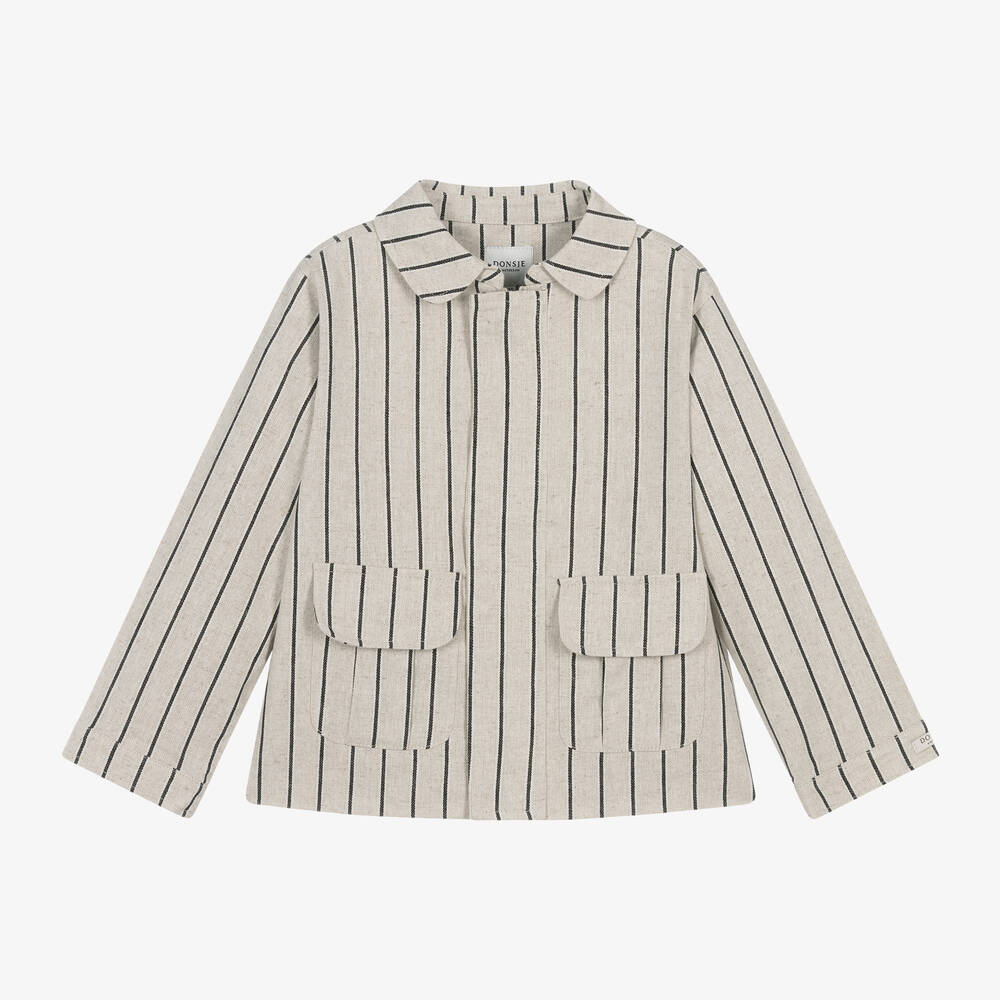 Shop Donsje Boys Beige Striped Cotton & Linen Jacket