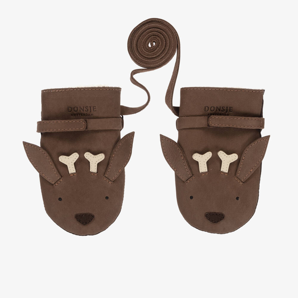 Donsje - Brown Leather Reindeer Mittens | Childrensalon