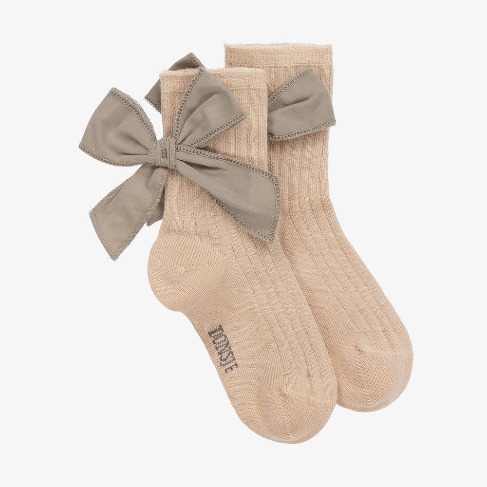 Donsje - Girls Beige & Brown Bow Socks | Childrensalon