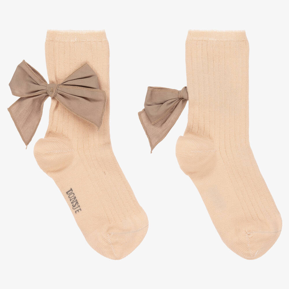 Shop Donsje Girls Beige & Brown Bow Socks