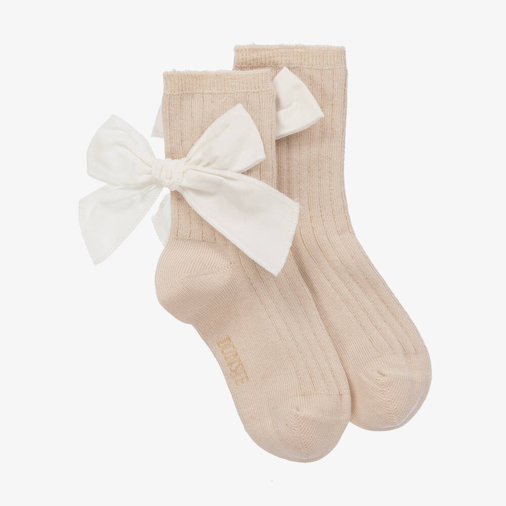Donsje - Girls Beige & Ivory Bow Socks | Childrensalon