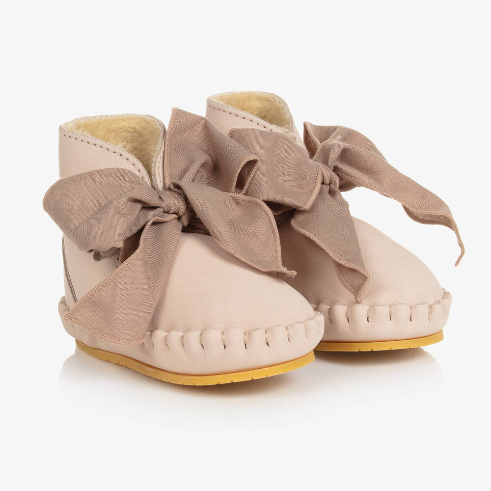 Donsje - Girls Beige Leather Bow Boots | Childrensalon