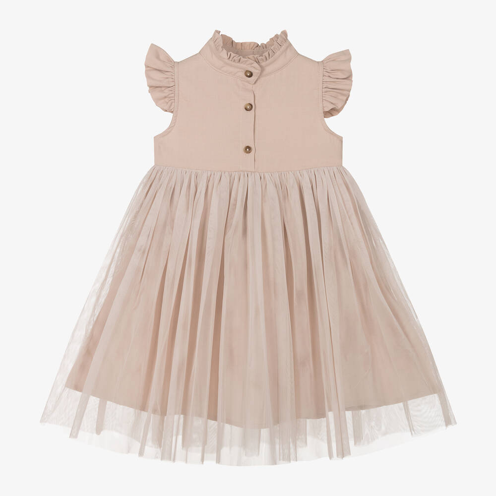 Donsje - Girls Beige-Pink Cotton & Tulle Dress | Childrensalon