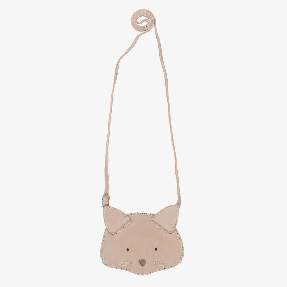 Donsje - Girls Grey Leather Cat Purse (12cm) | Childrensalon