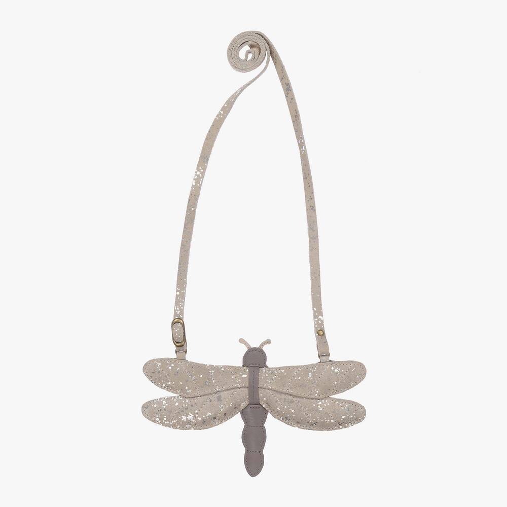 Donsje - Girls Grey Leather Dragonfly Purse (19cm) | Childrensalon
