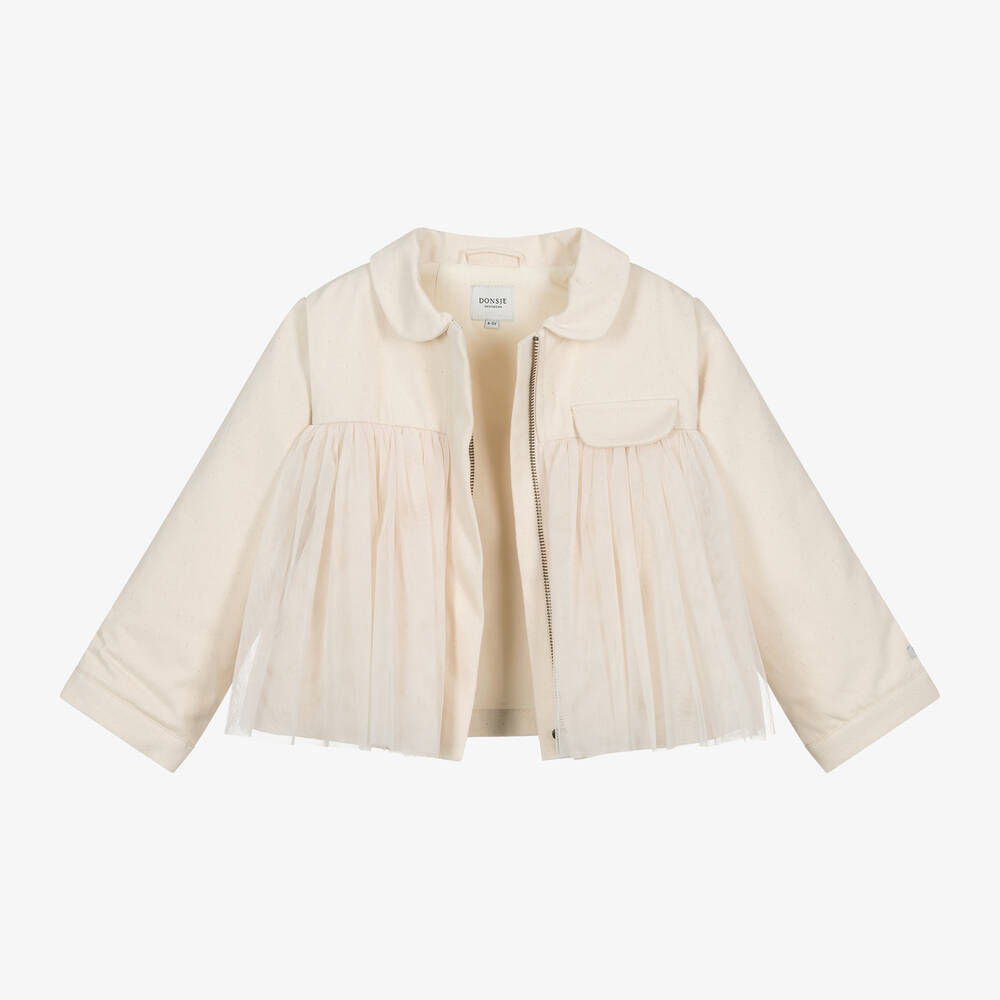 Donsje - Girls Ivory Cotton Twill & Tulle Jacket | Childrensalon