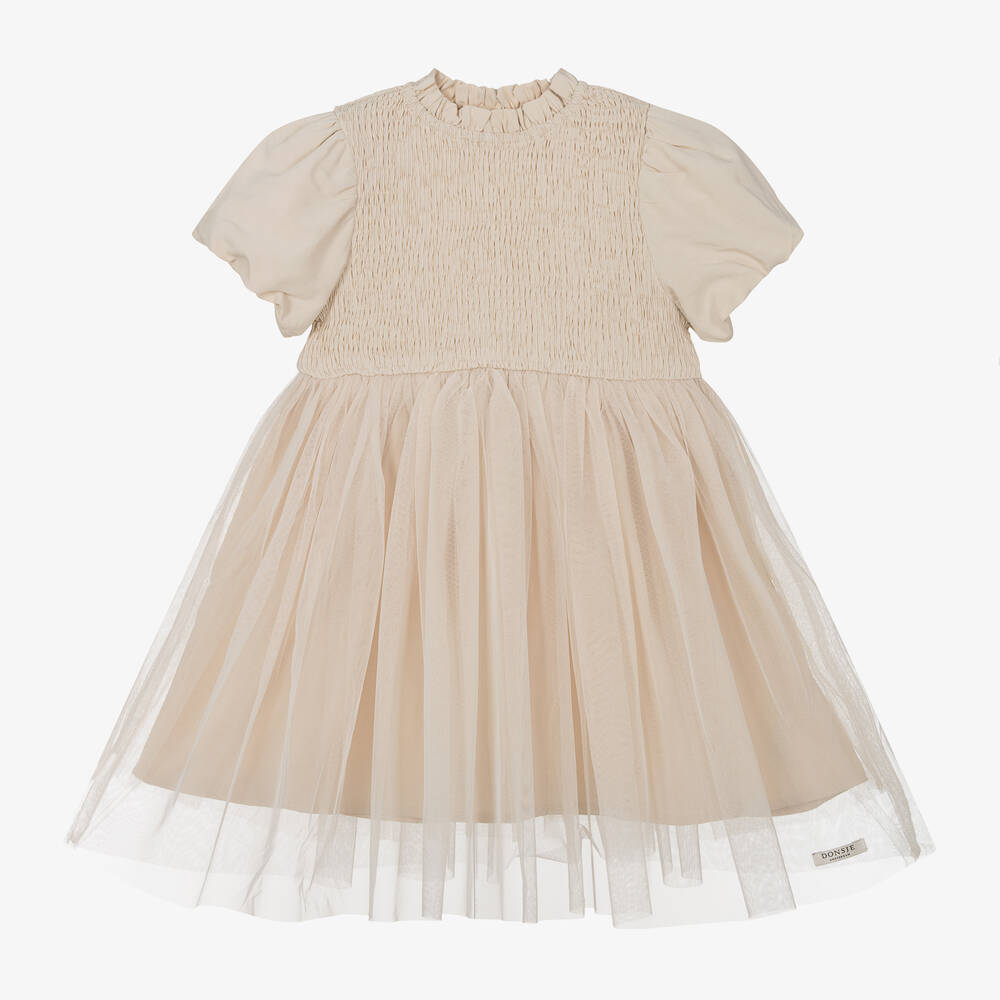 Donsje - Girls Pale Beige Linen & Tulle Dress | Childrensalon