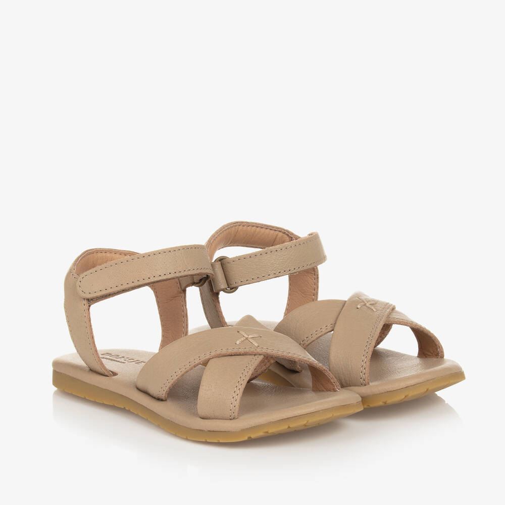 Donsje - Girls Taupe Brown Leather Velcro Sandals | Childrensalon