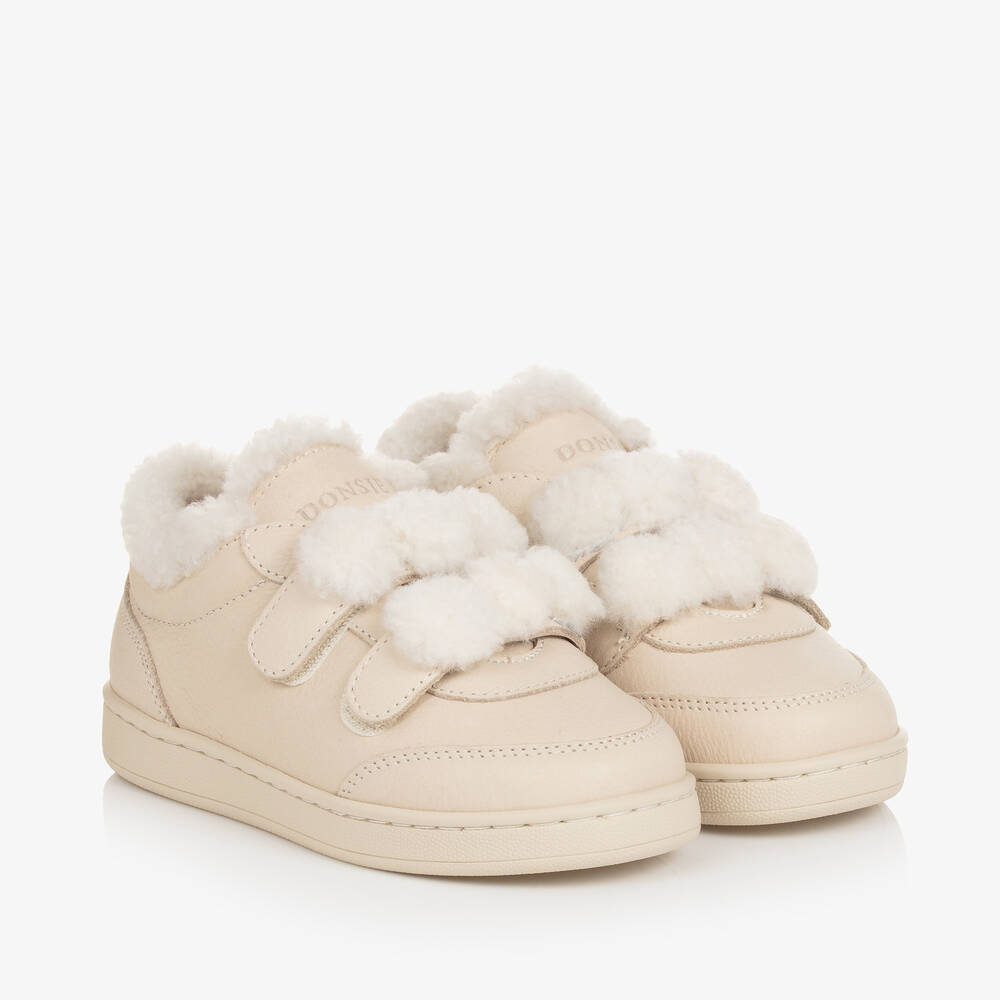 Donsje - Ivory Leather & Faux Fur Trainers | Childrensalon