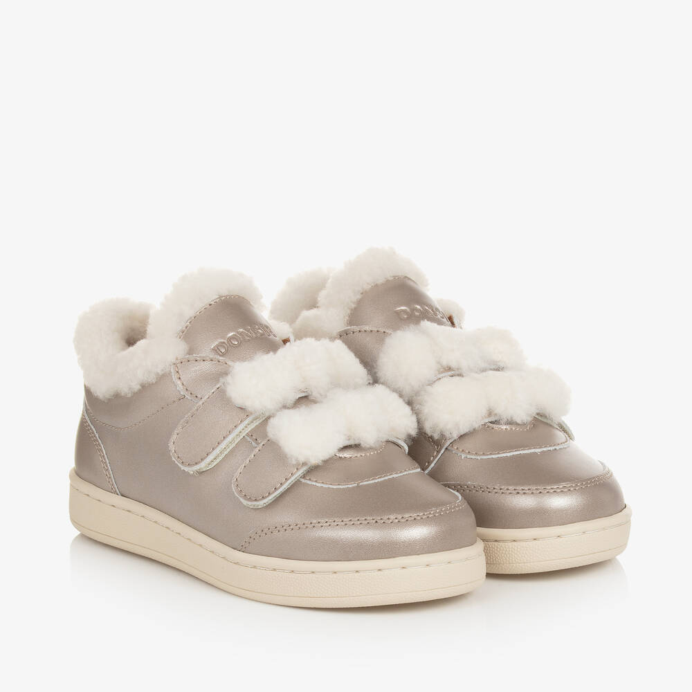 Donsje - Metallic Gold Leather & Faux Fur Trainers | Childrensalon