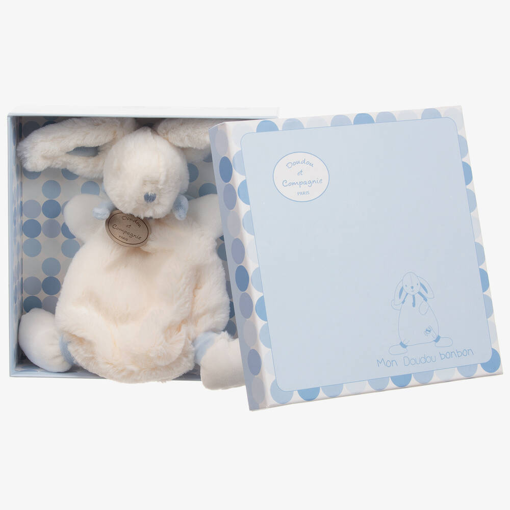 Doudou et Compagnie - Doudou lapin en peluche ivoire et bleu 26 cm | Childrensalon