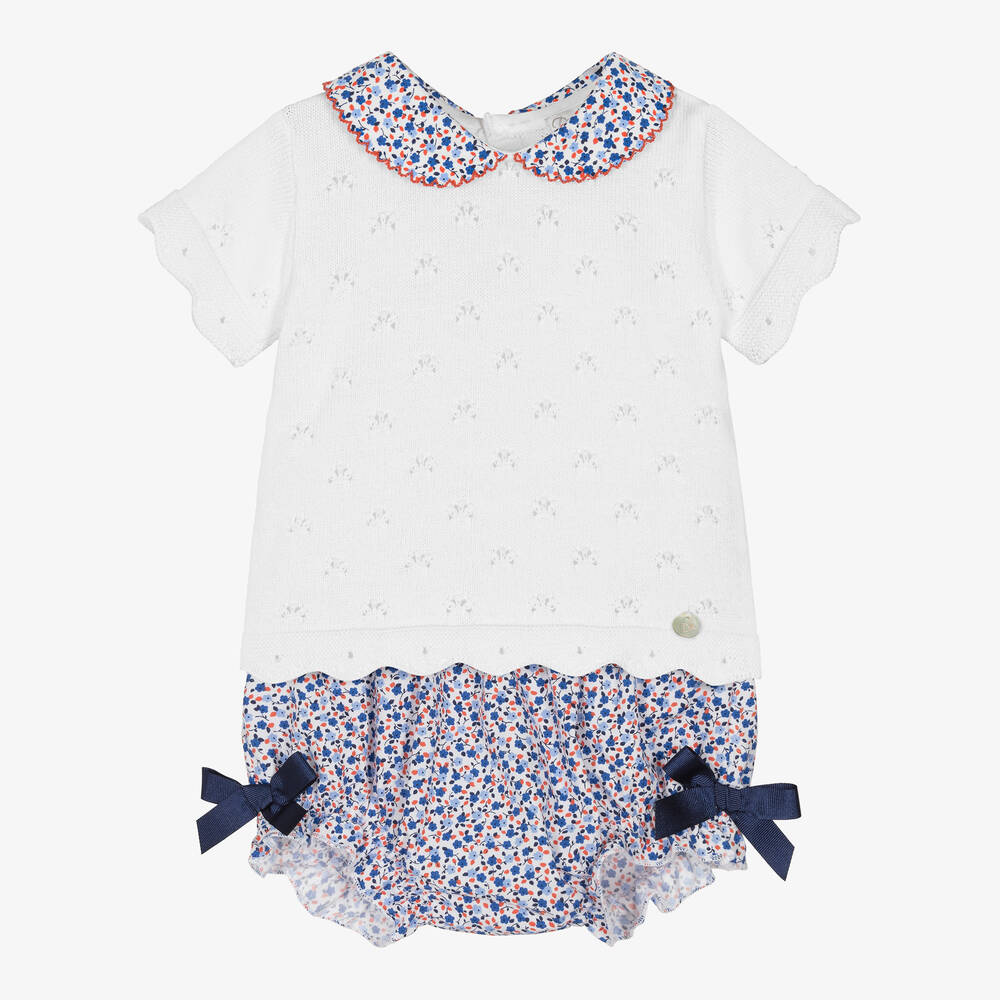 Dr. Kid - Baby Girls White & Blue Floral Shorts Set | Childrensalon