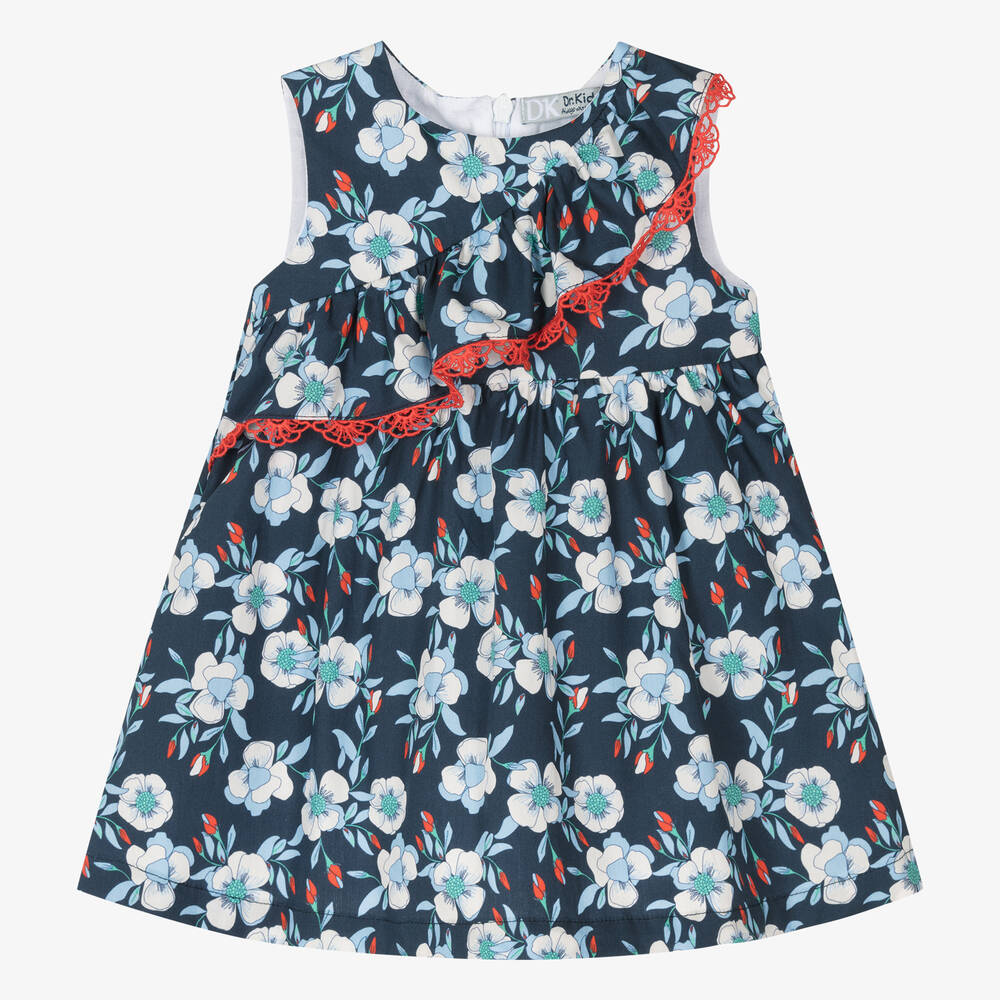 Dr. Kid - Girls Blue Cotton Floral Dress | Childrensalon