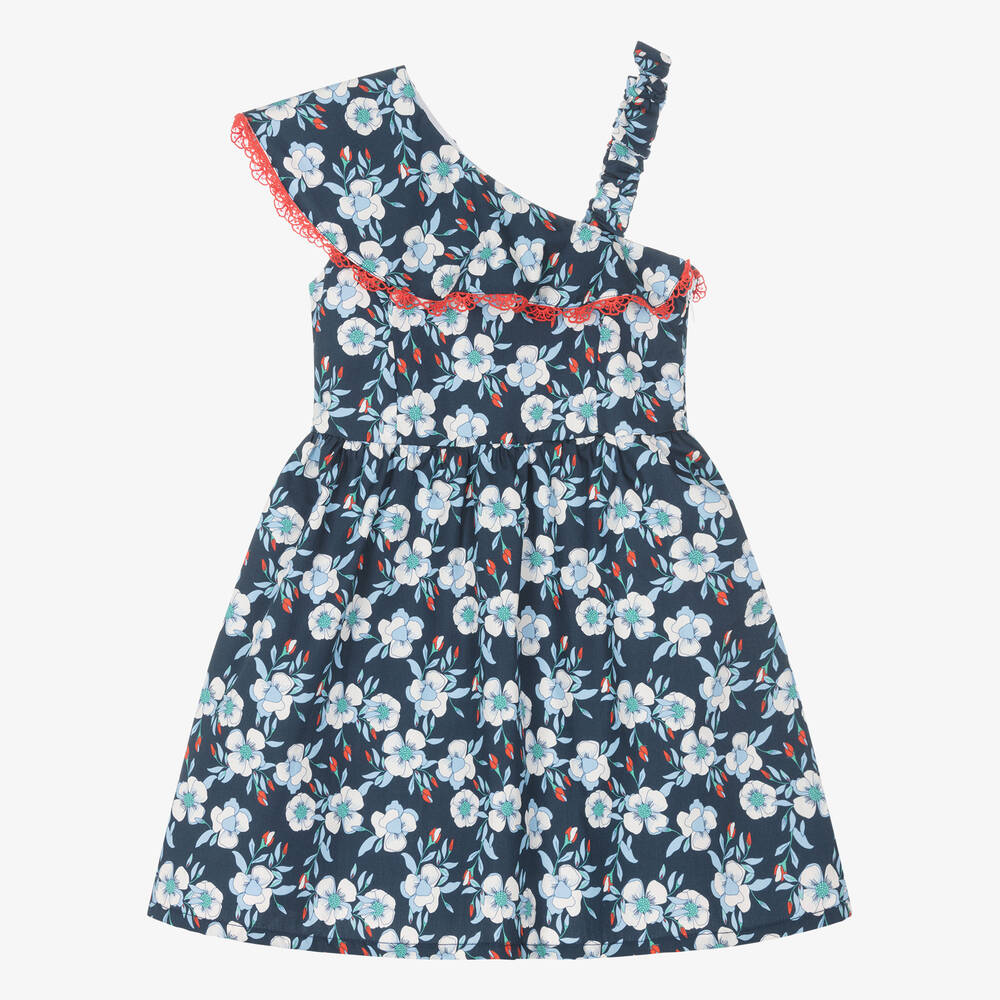 Dr. Kid - Girls Blue Cotton Floral Frill Dress | Childrensalon