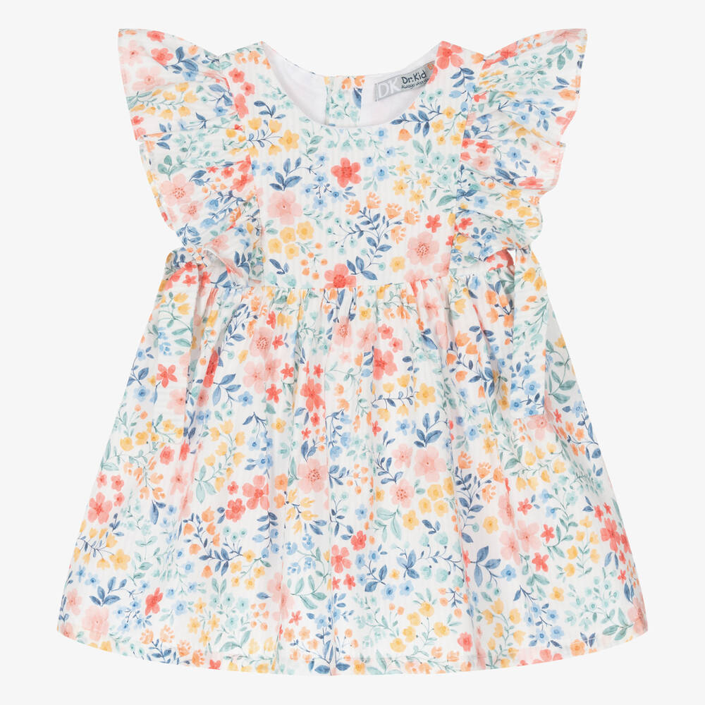 Dr. Kid - Girls Blue & Pink Cotton Floral Dress  | Childrensalon
