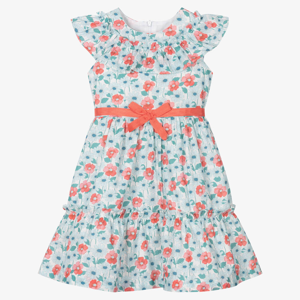 Dr Kid Babies' Girls Blue & Pink Floral Cotton Dress