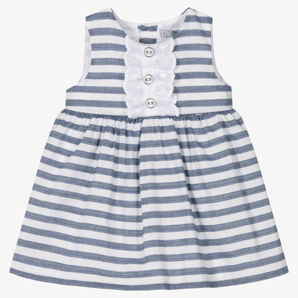 Dr Kid Babies' Girls Blue & White Striped Cotton Dress