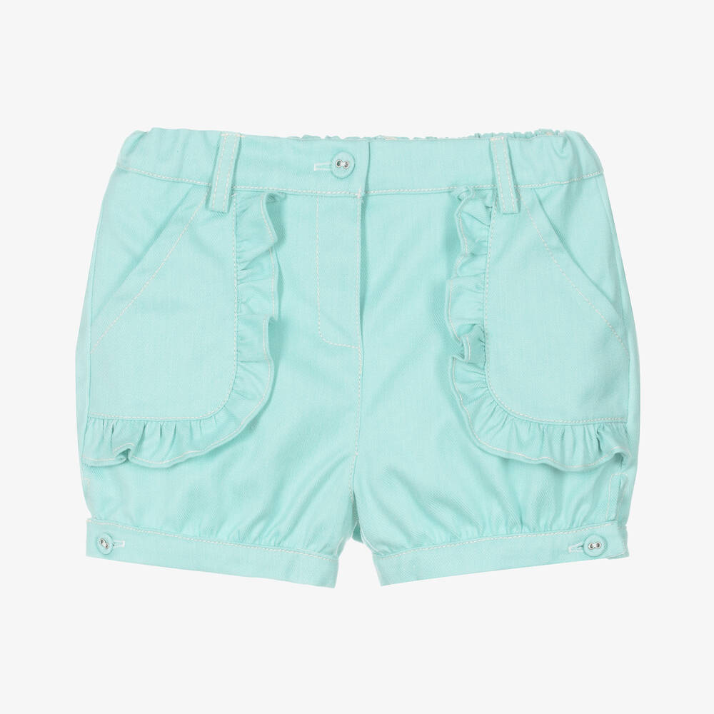 Dr. Kid - Girls Green Frill Cotton Twill Shorts | Childrensalon