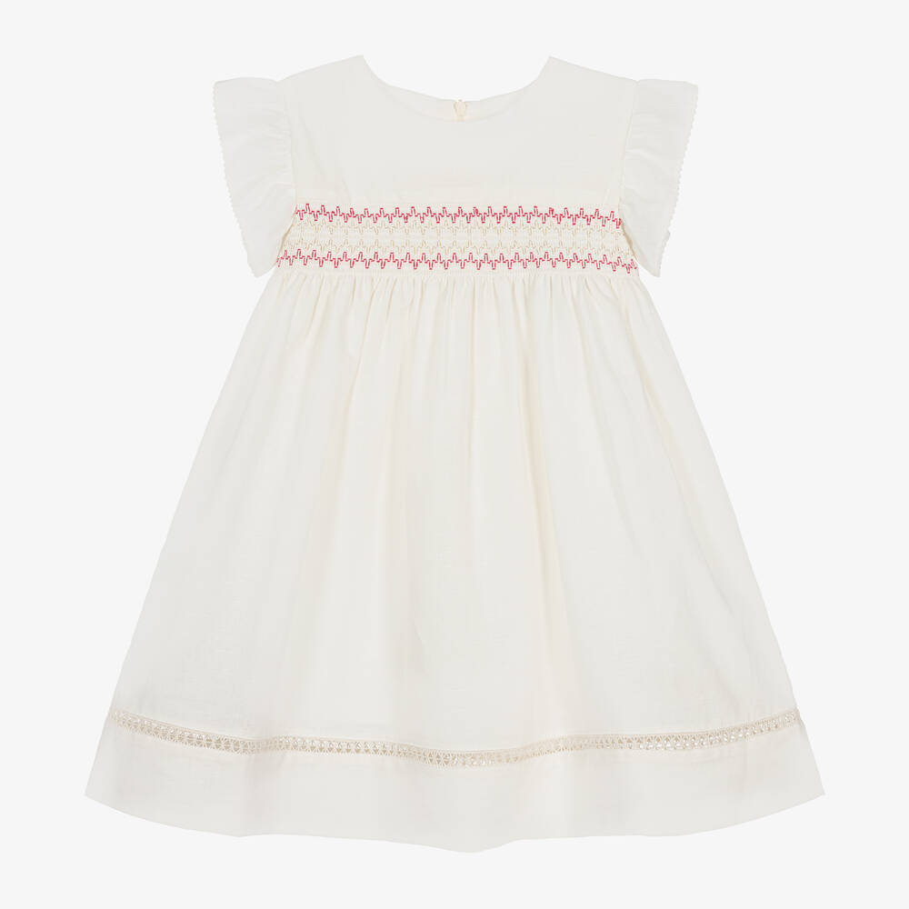 Dr. Kid - Girls Ivory Linen & Cotton Shirred Dress | Childrensalon
