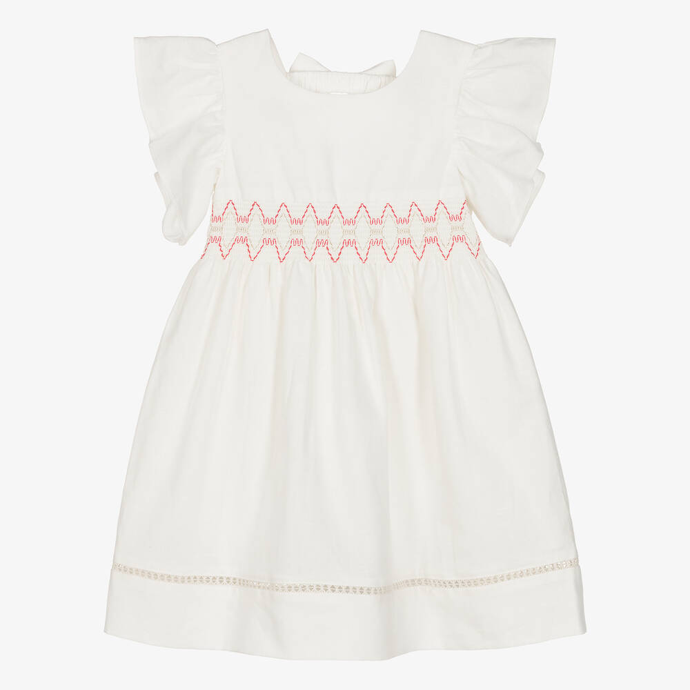 Dr. Kid - Girls Ivory Linen & Cotton Shirred Dress | Childrensalon
