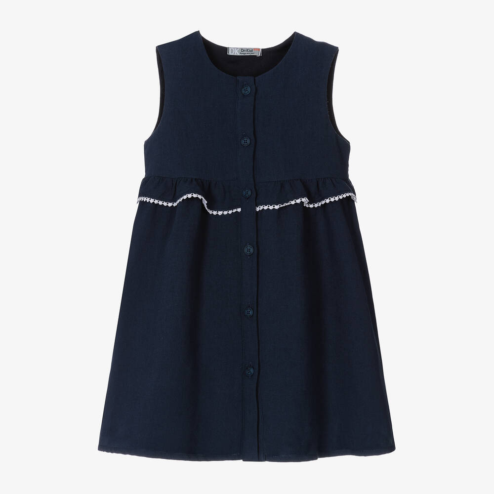 Dr. Kid - Girls Navy Blue Linen & Cotton Dress  | Childrensalon