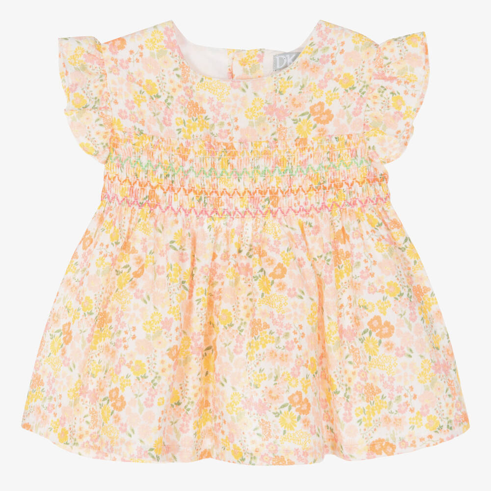Dr. Kid - Girls Orange Cotton Floral Dress  | Childrensalon