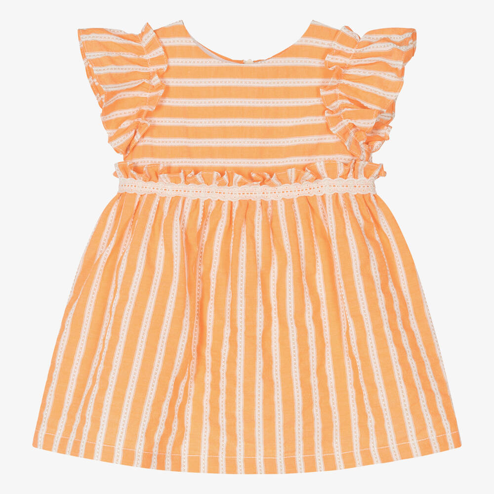 Dr. Kid - Girls Orange Cotton Striped Dress  | Childrensalon