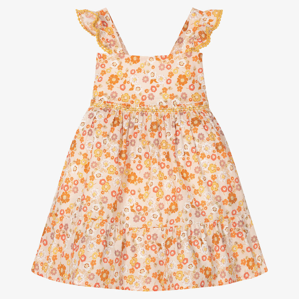 Dr Kid Babies' Girls Orange Floral Cotton Dress