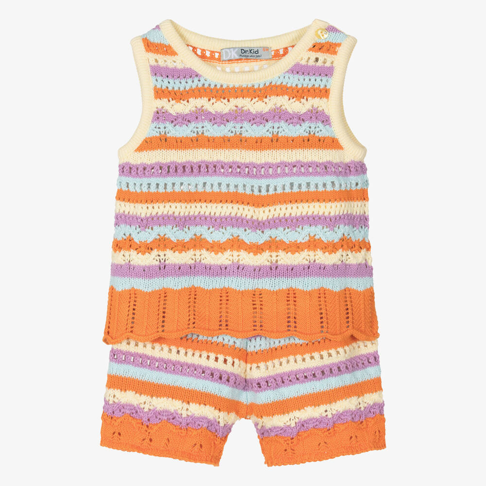 Dr. Kid - Girls Orange Striped Knitted Shorts Set | Childrensalon