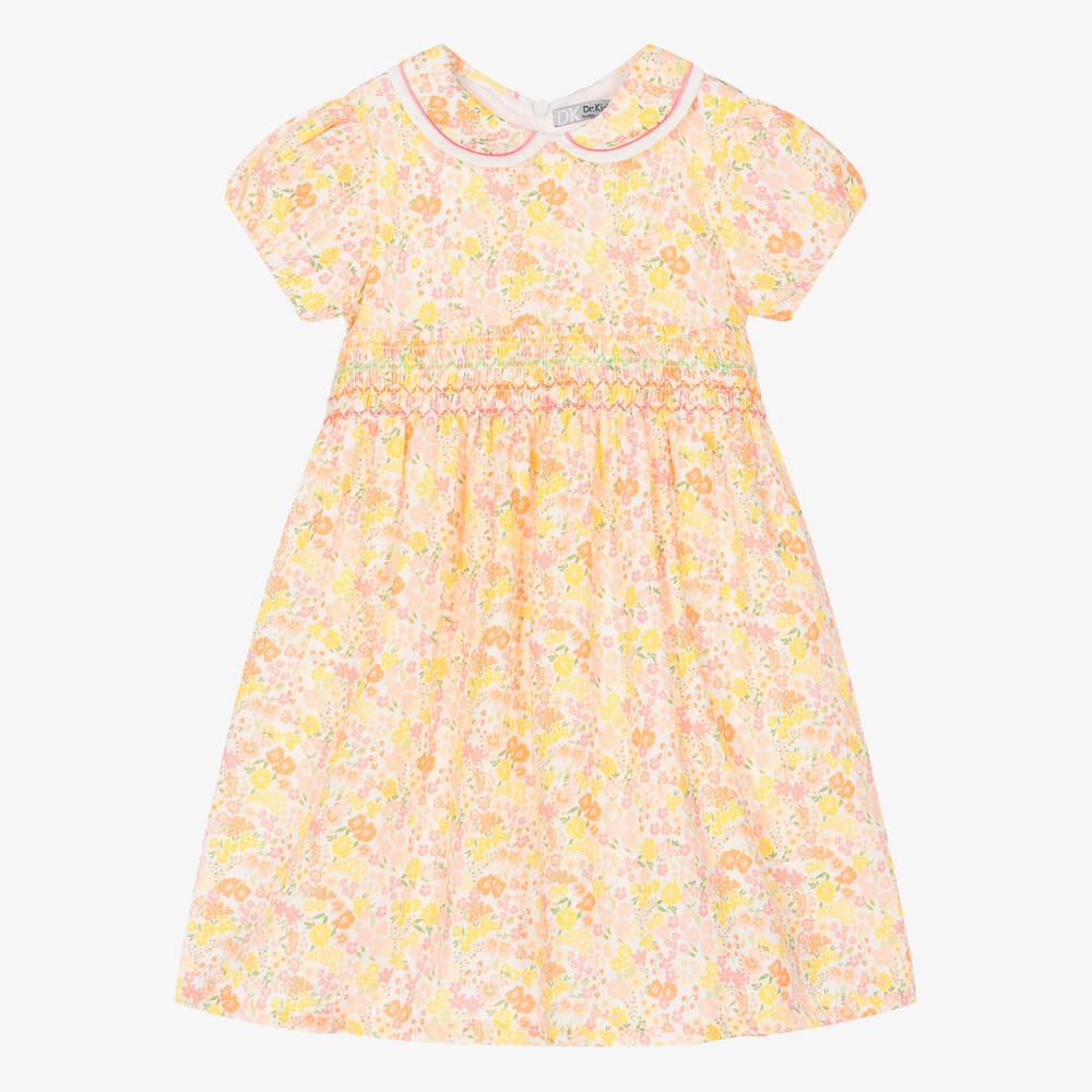 Dr. Kid - Girls Orange & Yellow Cotton Floral Dress  | Childrensalon