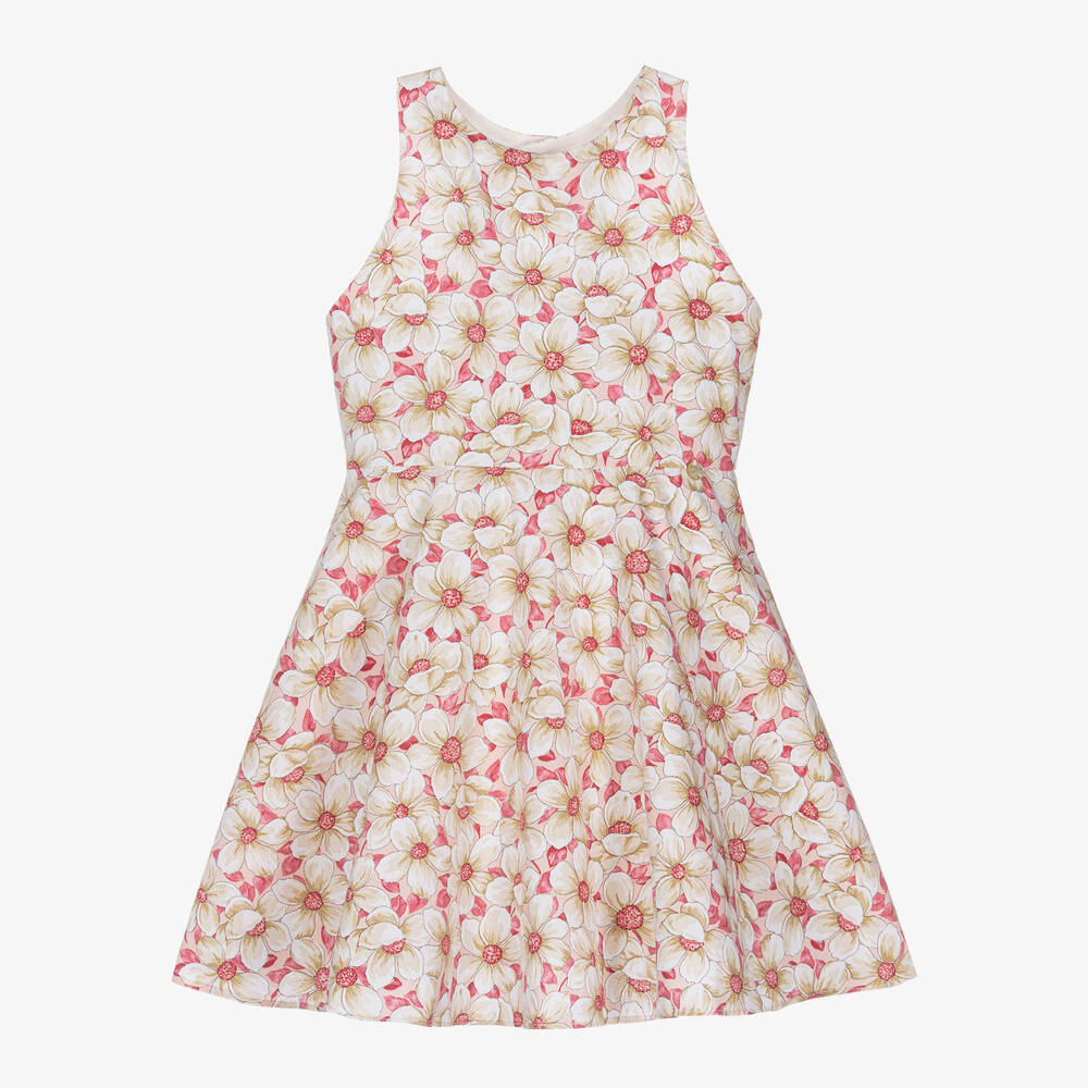 Dr. Kid - Girls Pink & Beige Cotton Floral Dress  | Childrensalon