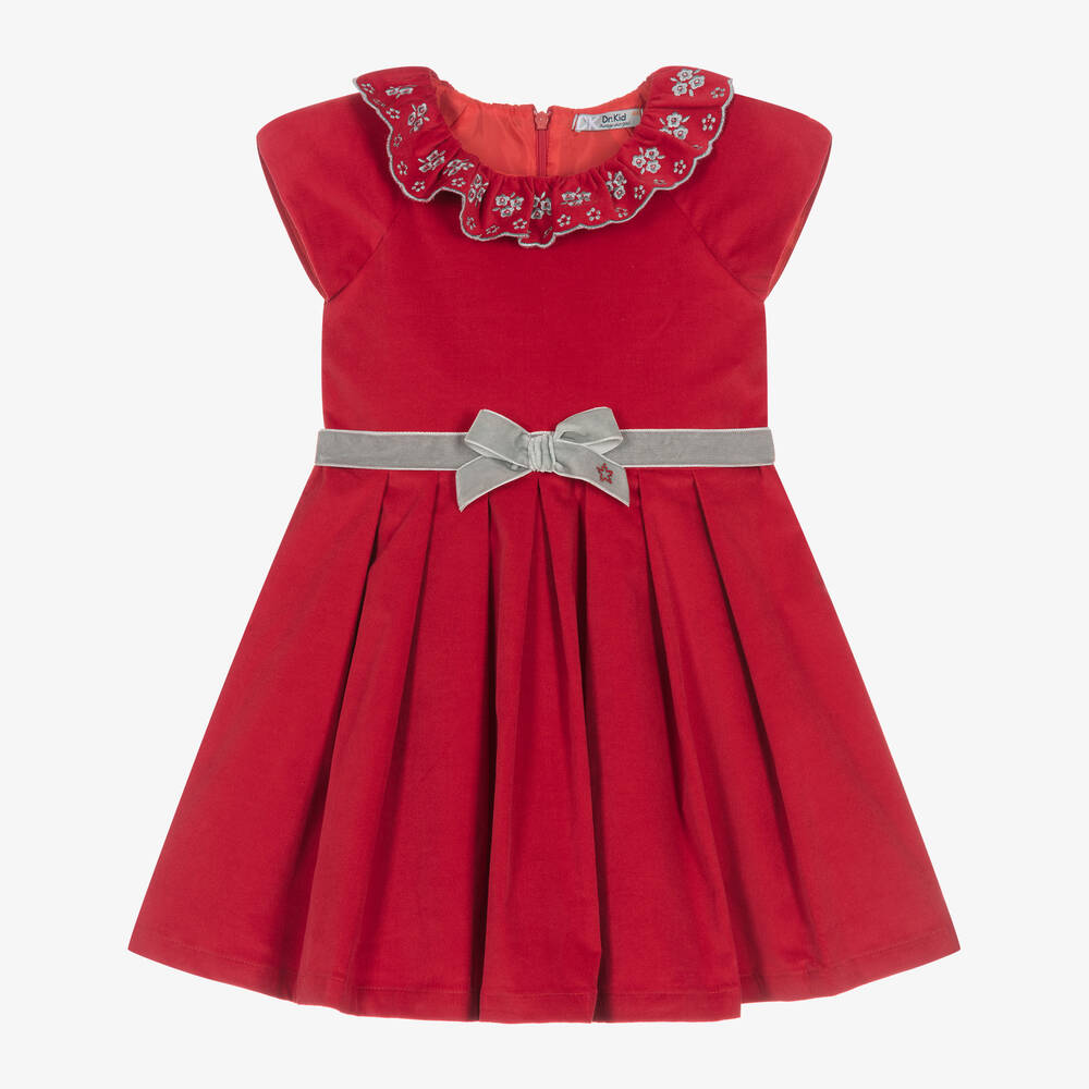 Dr. Kid - Girls Red Embroidered Velvet Dress | Childrensalon