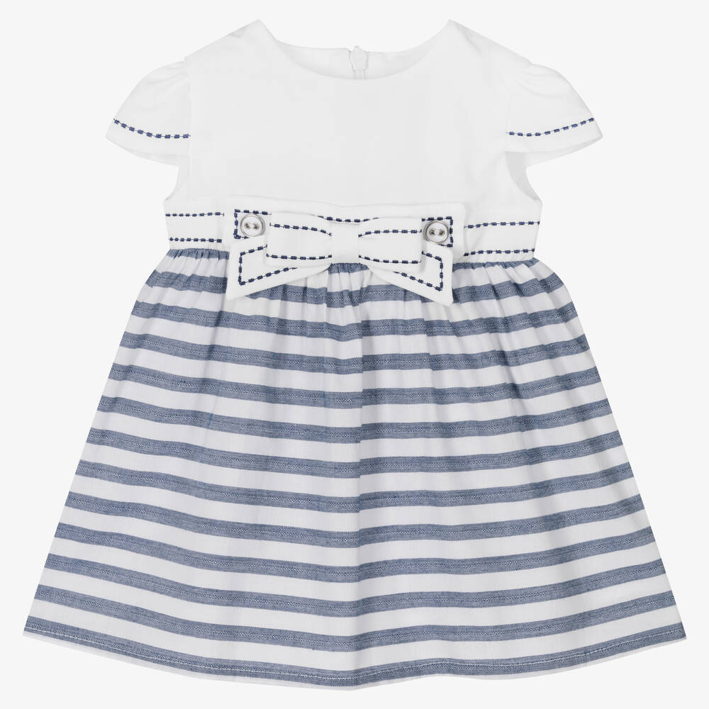Dr Kid Babies' Girls White & Blue Striped Cotton Dress