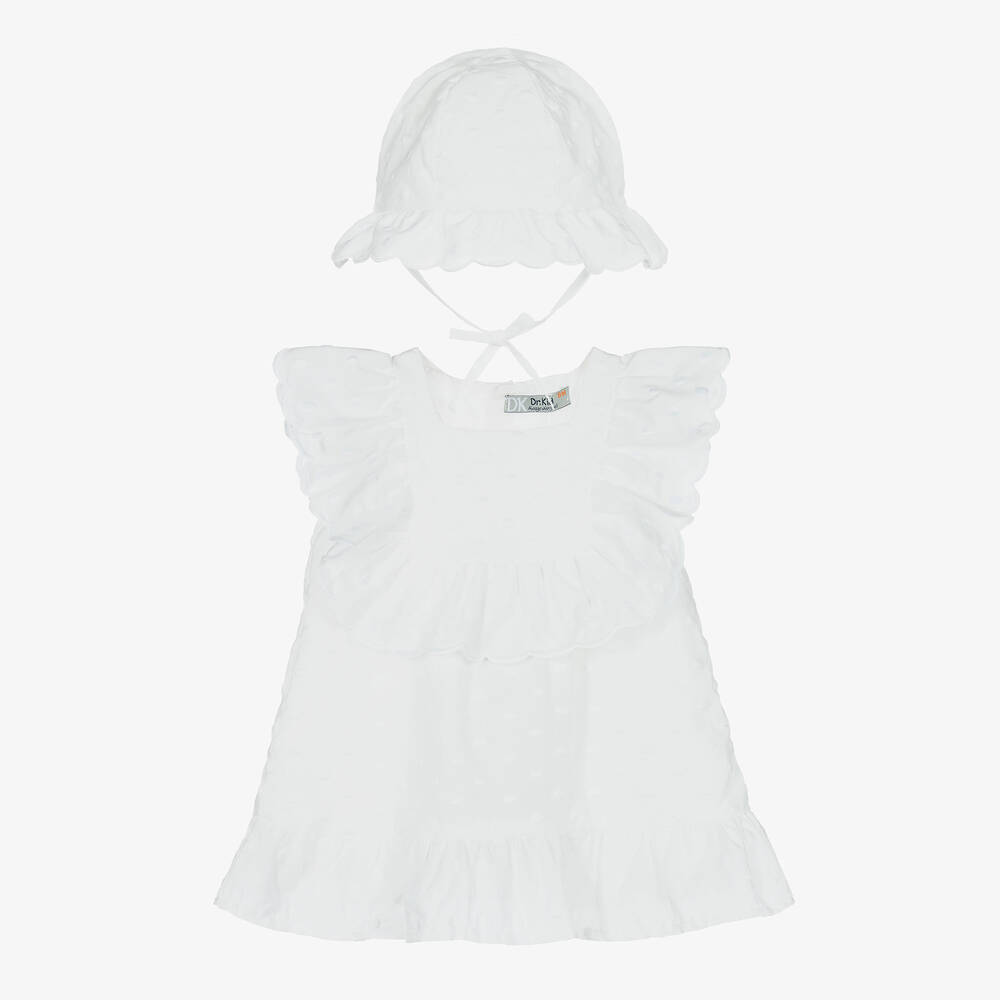 Dr Kid Babies' Girls White Cotton Dress & Hat Set